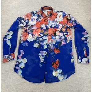 Covet Blouse Shirt Womens S Blue Floral Sheer Long Sleeve Collared Button Front
